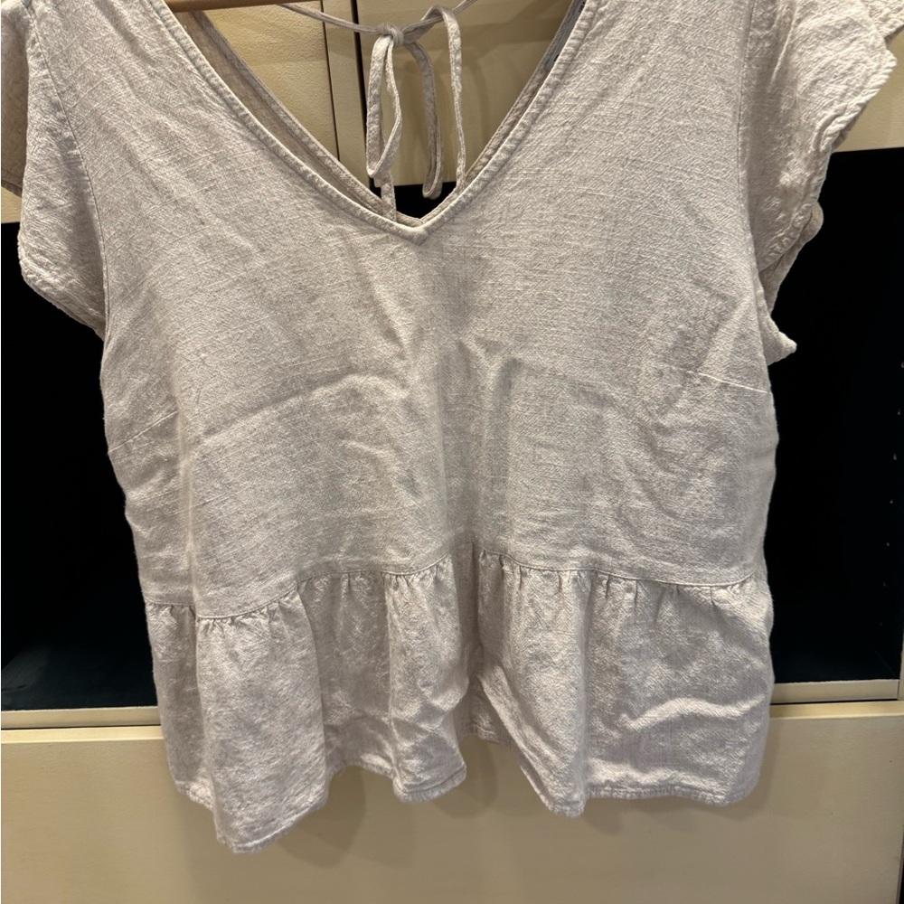 Dex Cream Peplum Tie Front Cap Sleeve Blouse